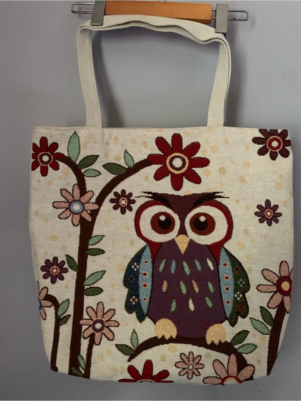 Canvas Owl Tote Bag in Cream with Multicolor Floral Accent